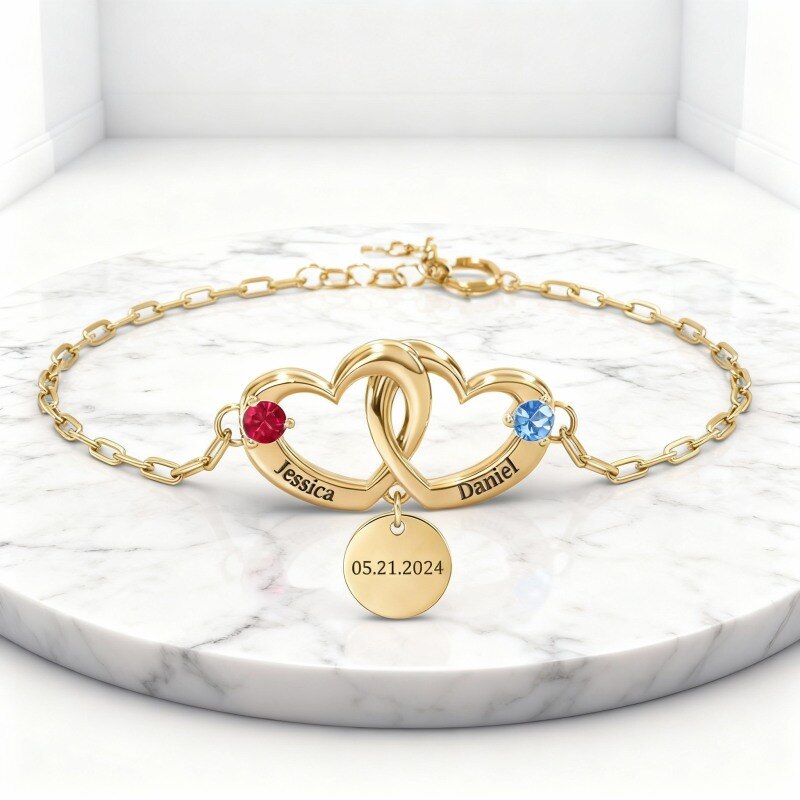 Armband aus 14-karätigem Gold mit Zirkonia, personalisierter Gravur und Herzanhänger-3
