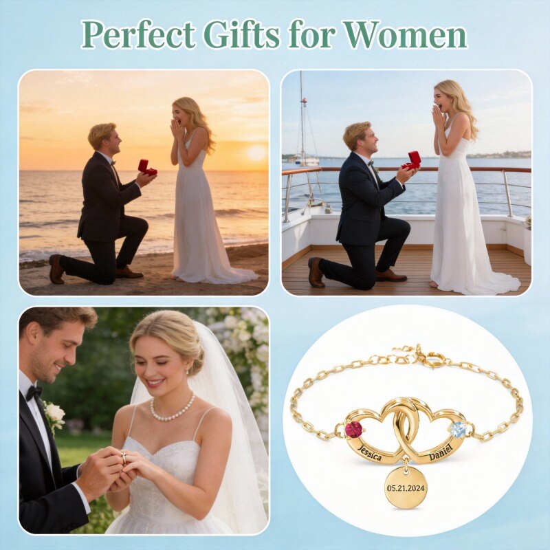 Armband aus 14-karätigem Gold mit Zirkonia, personalisierter Gravur und Herzanhänger-4