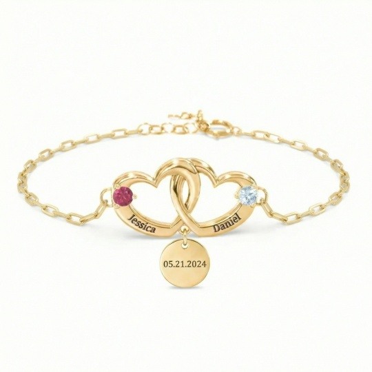 Bracelet à breloques en or 14K avec zirconium cubique personnalisé et pendentif en forme de cœur
