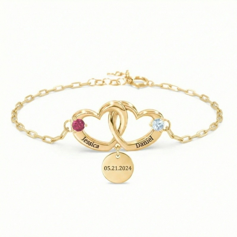 Armband aus 14-karätigem Gold mit Zirkonia, personalisierter Gravur und Herzanhänger-1