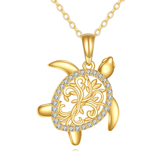 14K Gold Cubic Zirconia Sea Turtle Pendant Necklace