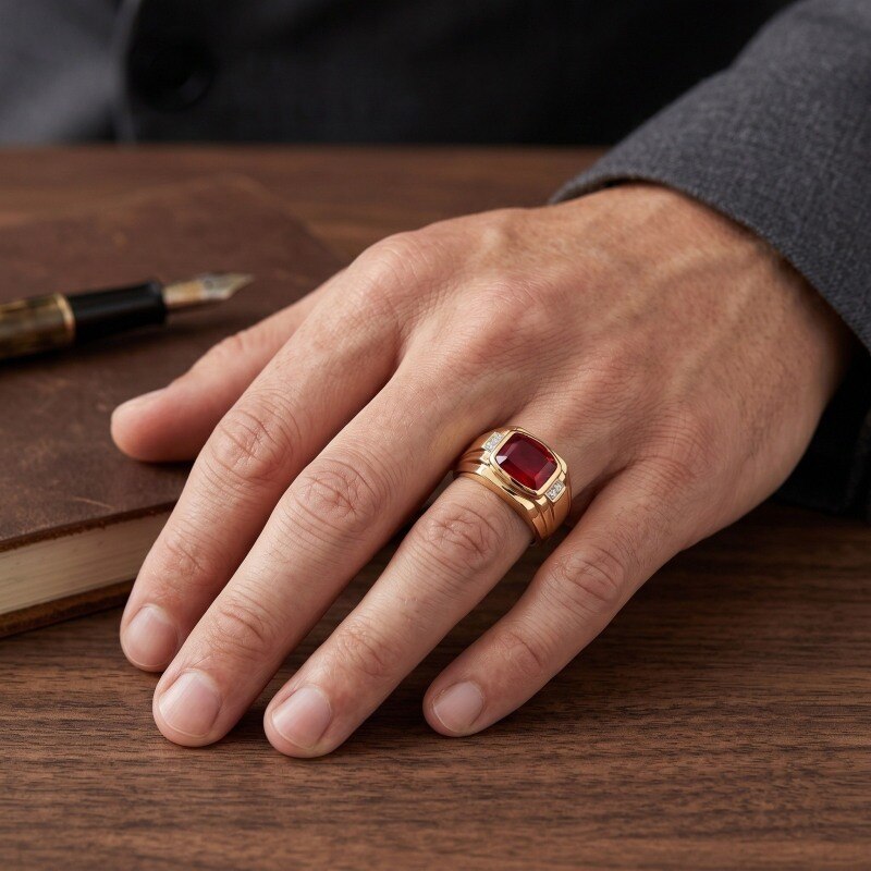 14K Gold Cushion Cut Moissanite & Ruby Signet Ring for Men-2