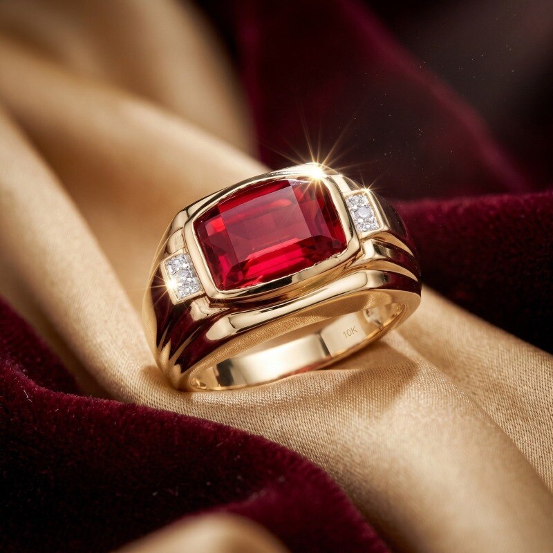 14K Gold Cushion Cut Moissanite & Ruby Signet Ring for Men-3