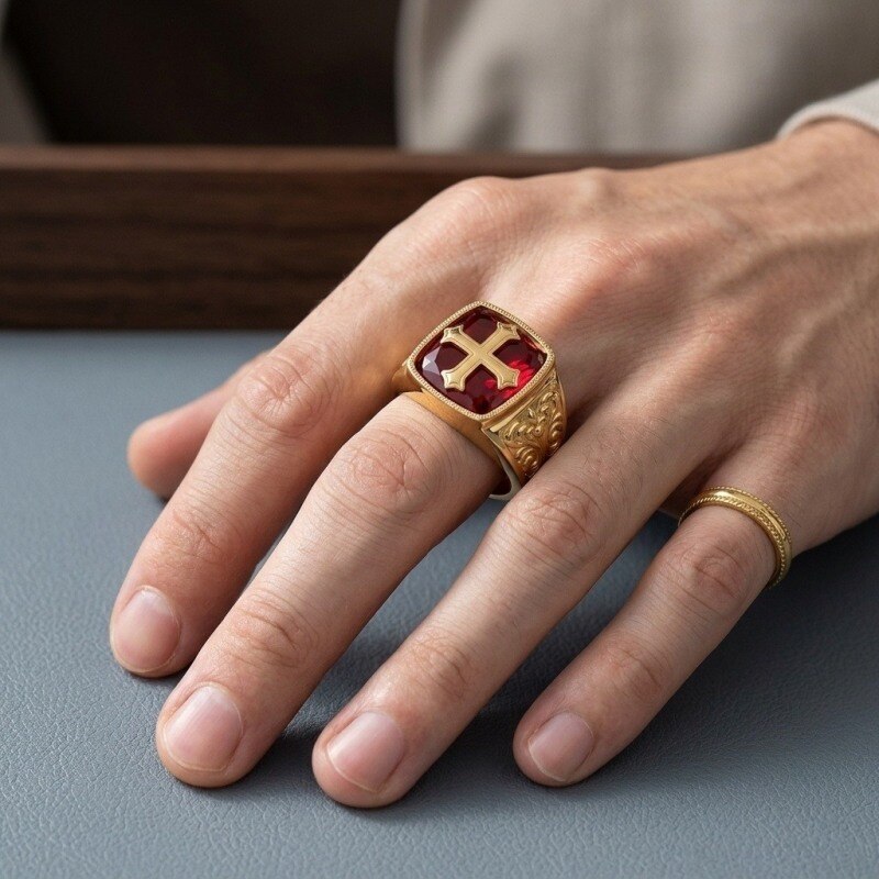 10K Gold Cushion Cut Ruby Cross Signet Ring for Men-2