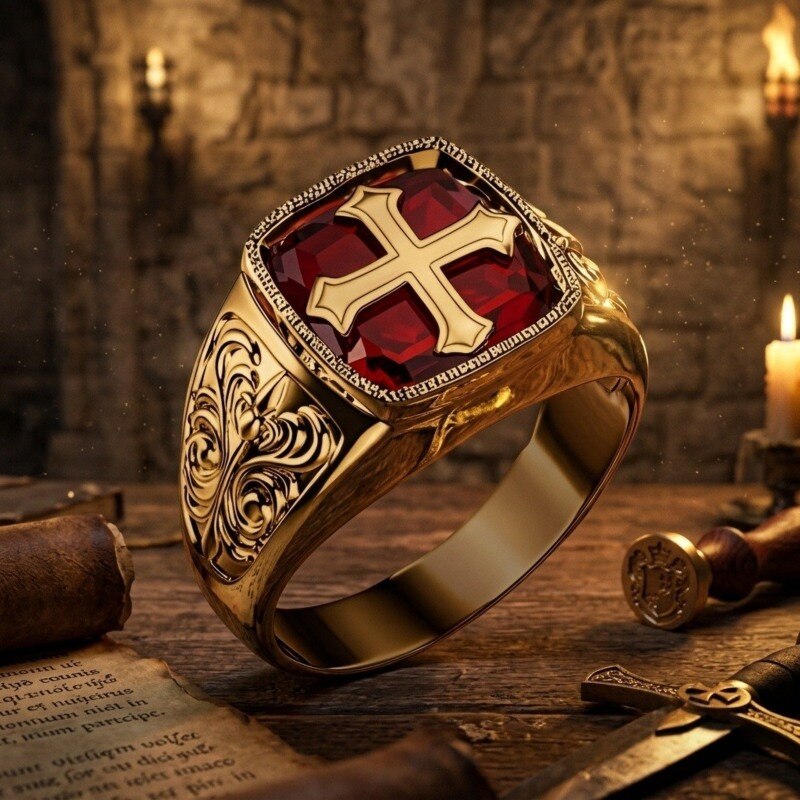 10K Gold Cushion Cut Ruby Cross Signet Ring for Men-3
