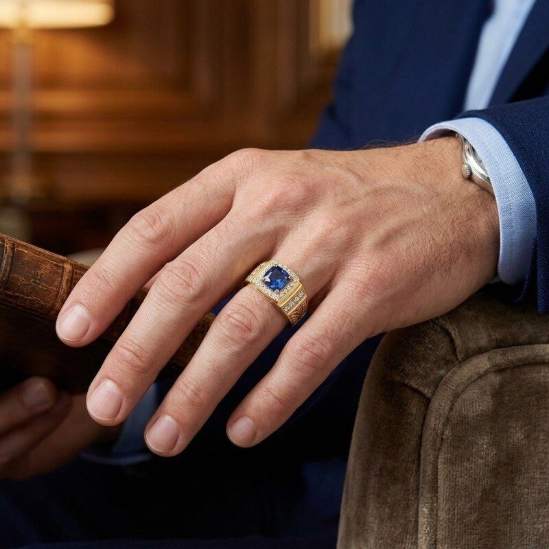 14K Gold Cushion Cut Sapphire Custom Signet Ring for Men-2