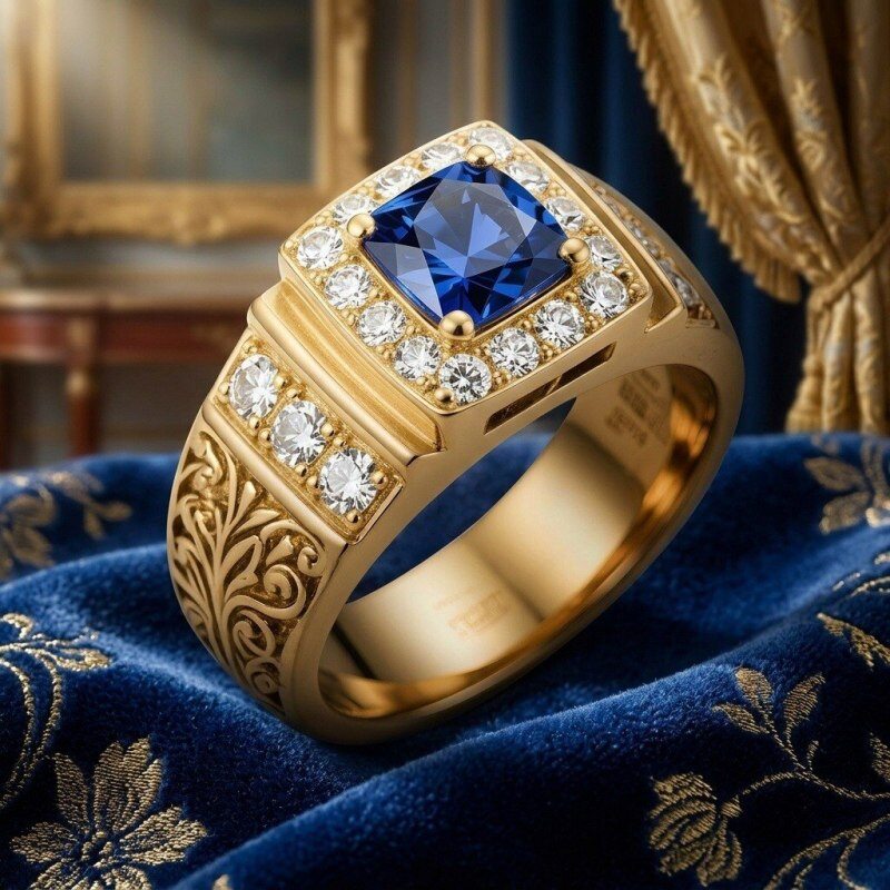 14K Gold Cushion Cut Sapphire Custom Signet Ring for Men-3
