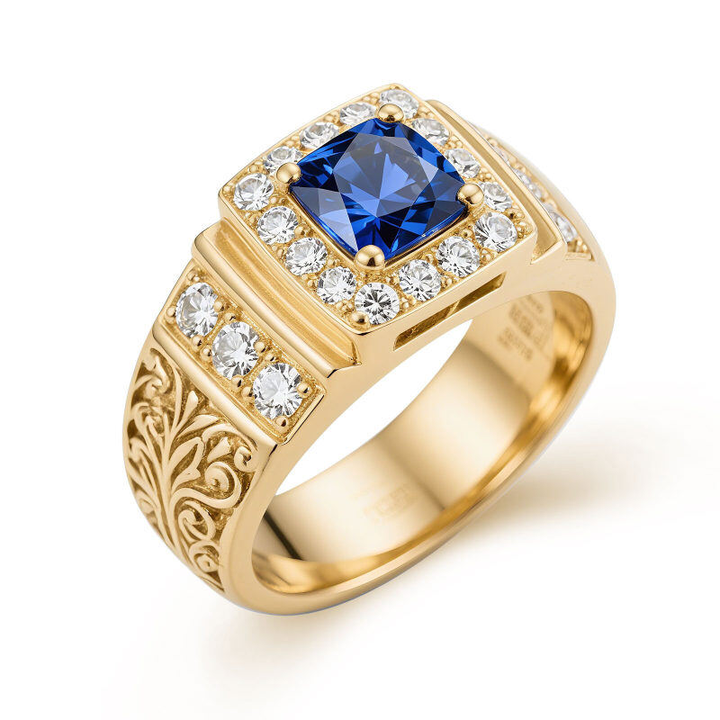 14-Karat-Gold-Signetring mit kissenförmigem Saphir für Herren – individuell anpassbar-8