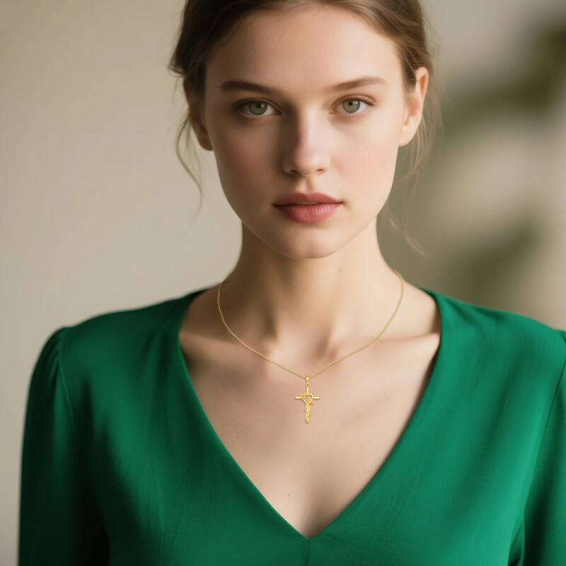 Collier pendentif marguerite et croix en or 14K-2