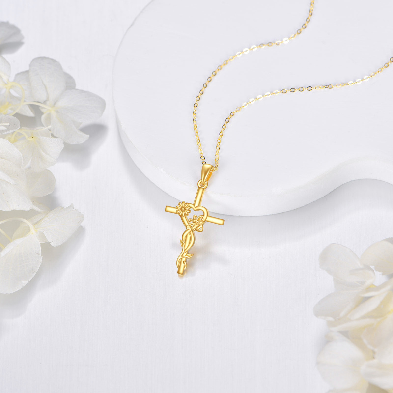 Collier pendentif marguerite et croix en or 14K-3