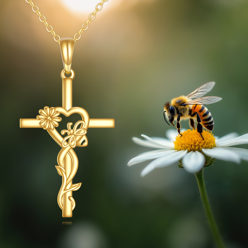Collier pendentif marguerite et croix en or 14K-4