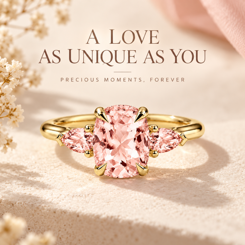 Anillo de compromiso de tres piedras con morganita rosa talla cojín alargada de oro de 14 quilates-5