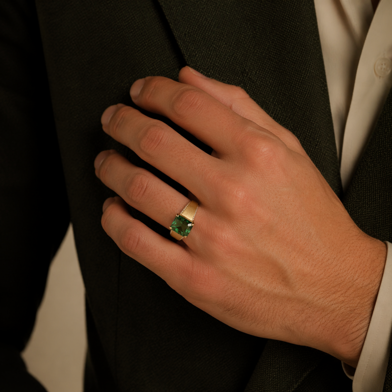 10K Gold Emerald Cut Artificial Emerald Ring for Men-2