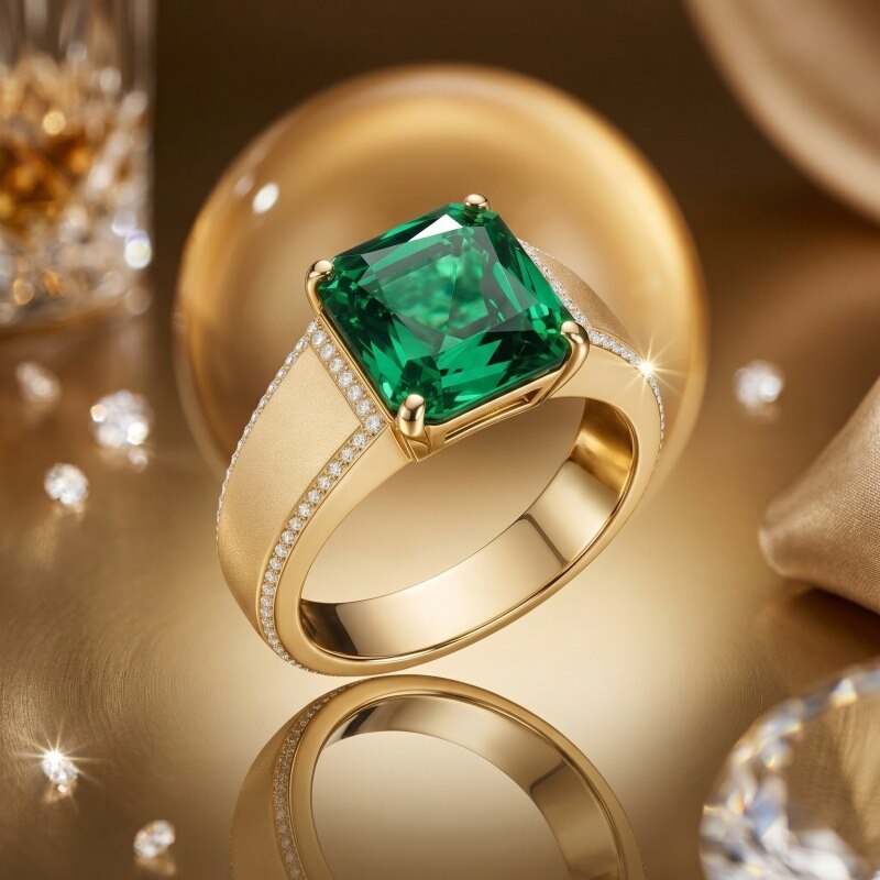 10K Gold Emerald Cut Artificial Emerald Ring for Men-3