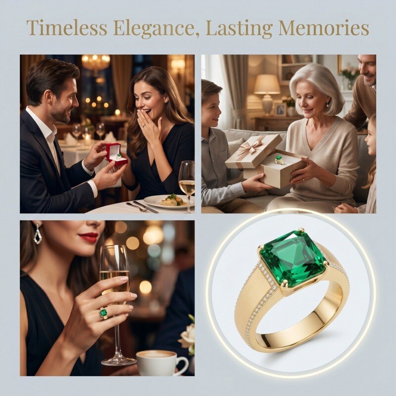10K Gold Emerald Cut Artificial Emerald Ring for Men-4