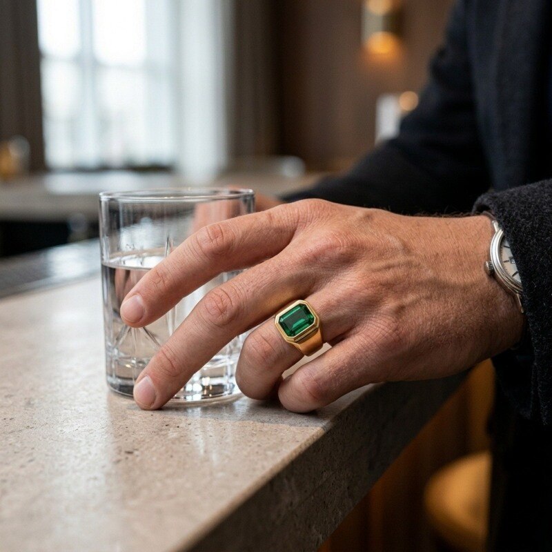 18K Gold Emerald Cut Artificial Emerald Signet Ring for Men-2