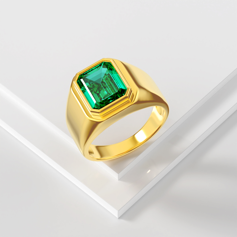 18K Gold Emerald Cut Artificial Emerald Signet Ring for Men-3
