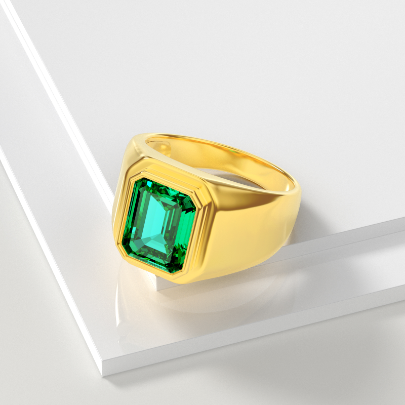 18K Gold Emerald Cut Artificial Emerald Signet Ring for Men-4