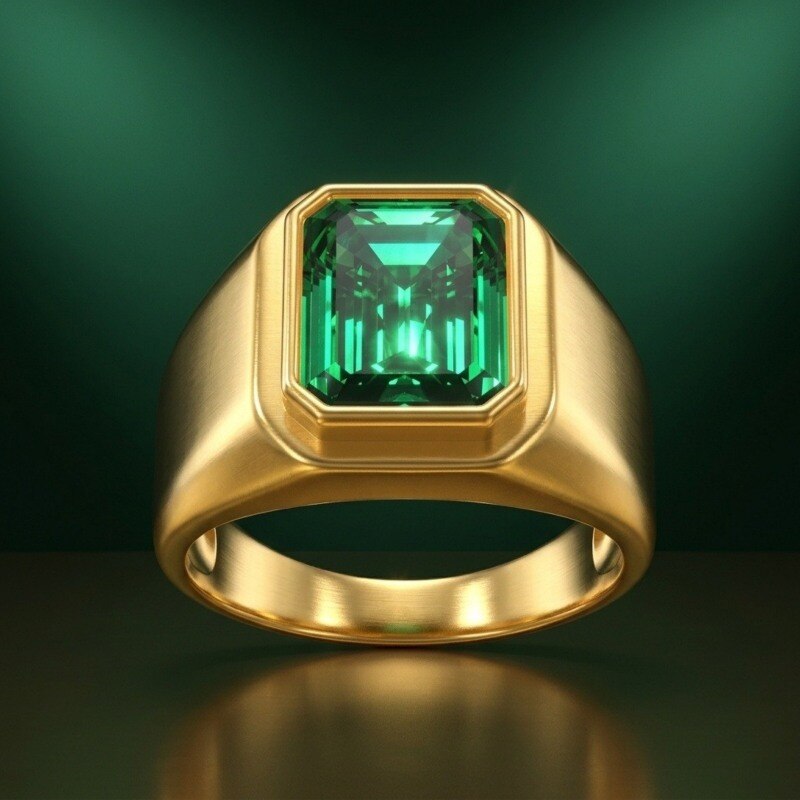 18K Gold Emerald Cut Artificial Emerald Signet Ring for Men-5