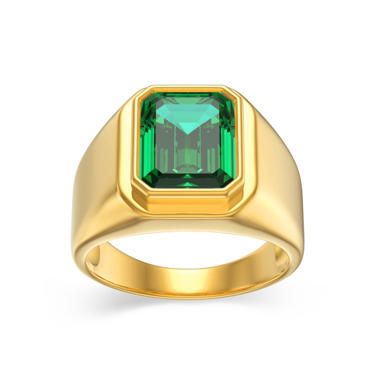 10K Gold Emerald Cut Artificial Emerald Signet Ring for Men
