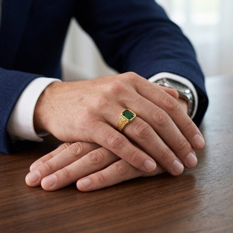 14K Gold Emerald Cut Lab-Grown Emerald Custom Signet Ring for Men-2
