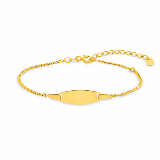Graveerbare identificatiearmband van 14 karaats goud met schakelketting, verkrijgbaar in lengtes van 6 tot 8 inch.