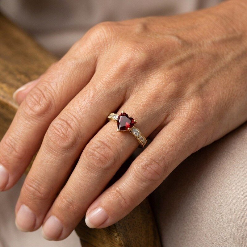 10K Gold Heart Cut Garnet & Lab-Grown Diamond Custom Engagement Ring for Women-2