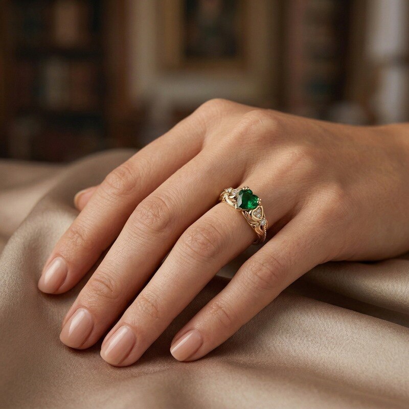 10K Gold Heart Cut Lab Created Emerald Custom Engagement Ring-2