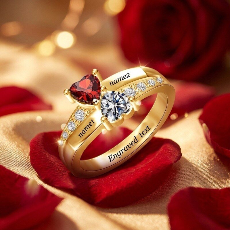14K Gold Heart Cut Lab-Grown Diamond & Custom Personalized Birthstone Ring for Women-3