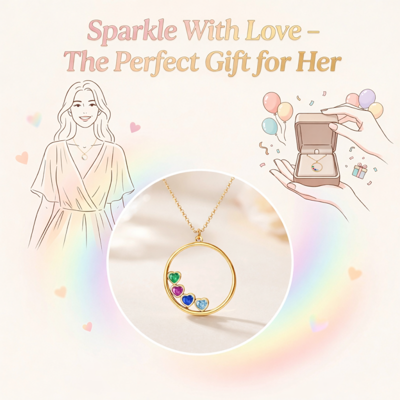 14K Gold Heart Cut Personalized Birthstone & Circle Pendant Necklace-4