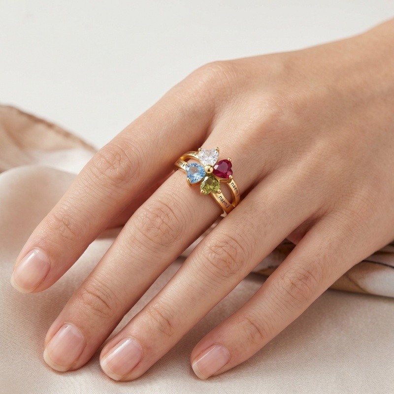 18K Gold Heart Cut & Personalized Classic Name & Engravable Birthstone Ring for Women-2