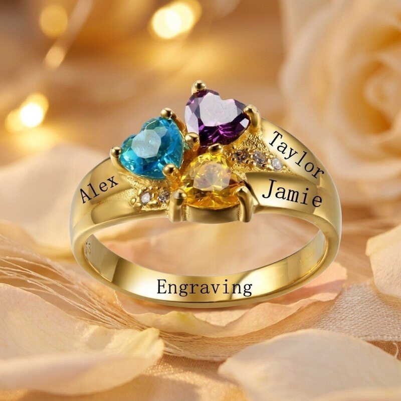 Bague à pierres de naissance personnalisable et gravable en or 10K coupé en cœur-3