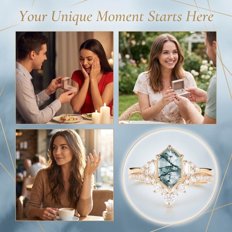 14K Gold Hexagon Cut Moissanite & Moss Agate Engagement Ring-2