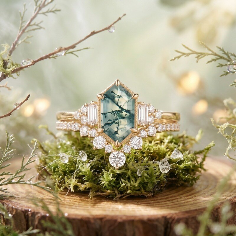 14K Gold Hexagon Cut Moissanite & Moss Agate Engagement Ring-3