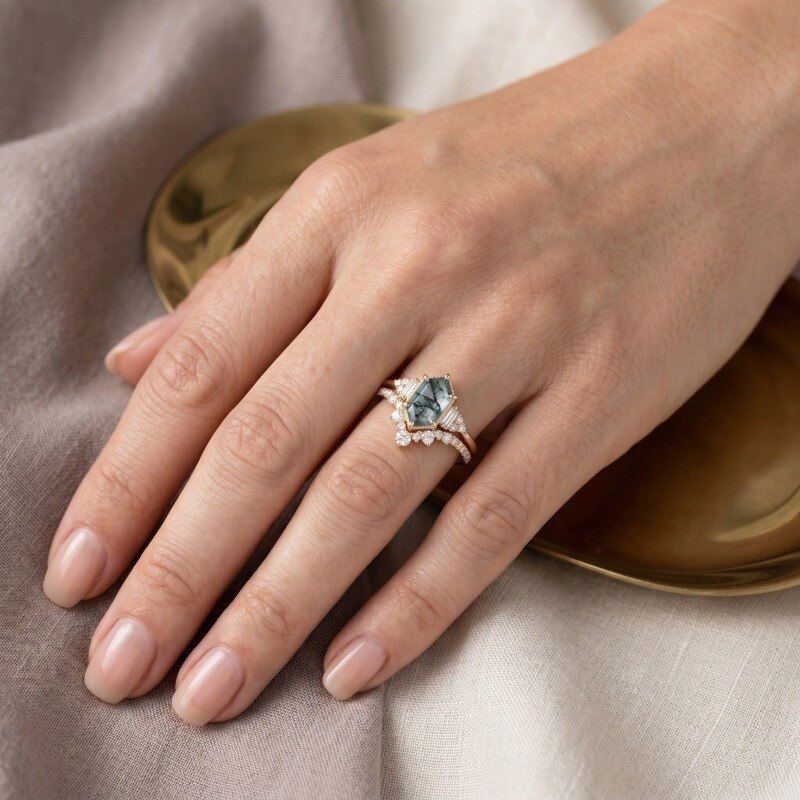 14K Gold Hexagon Cut Moissanite & Moss Agate Engagement Ring-4