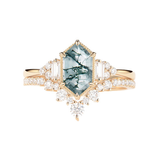 10K Gold Hexagon Cut Moissanite & Moss Agate Engagement Ring