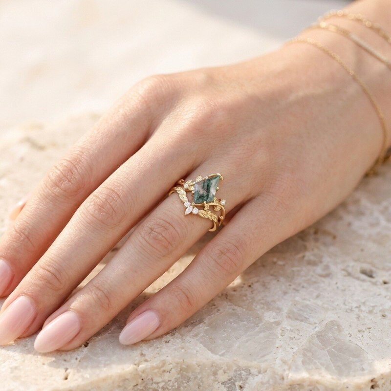 18K Gold Kite Cut Moss Agate Custom Engagement Ring for Women-3
