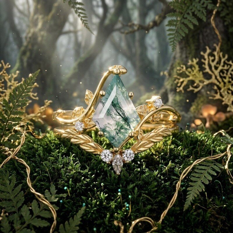 18K Gold Kite Cut Moss Agate Custom Engagement Ring for Women-4