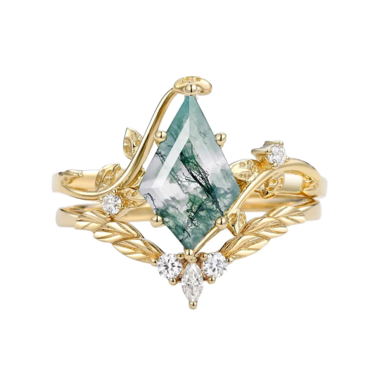10K Gold Kite Cut Moss Agate Custom Engagement Ring for Women