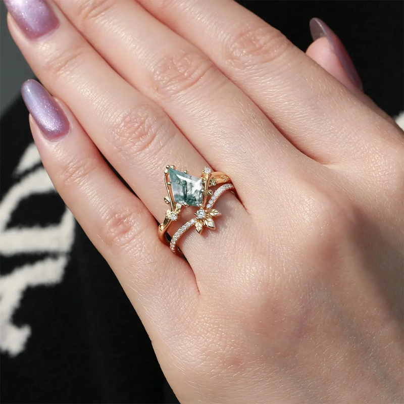 10K Gold Kite Cut Moss Agate Custom Engagement Ring for Women-2