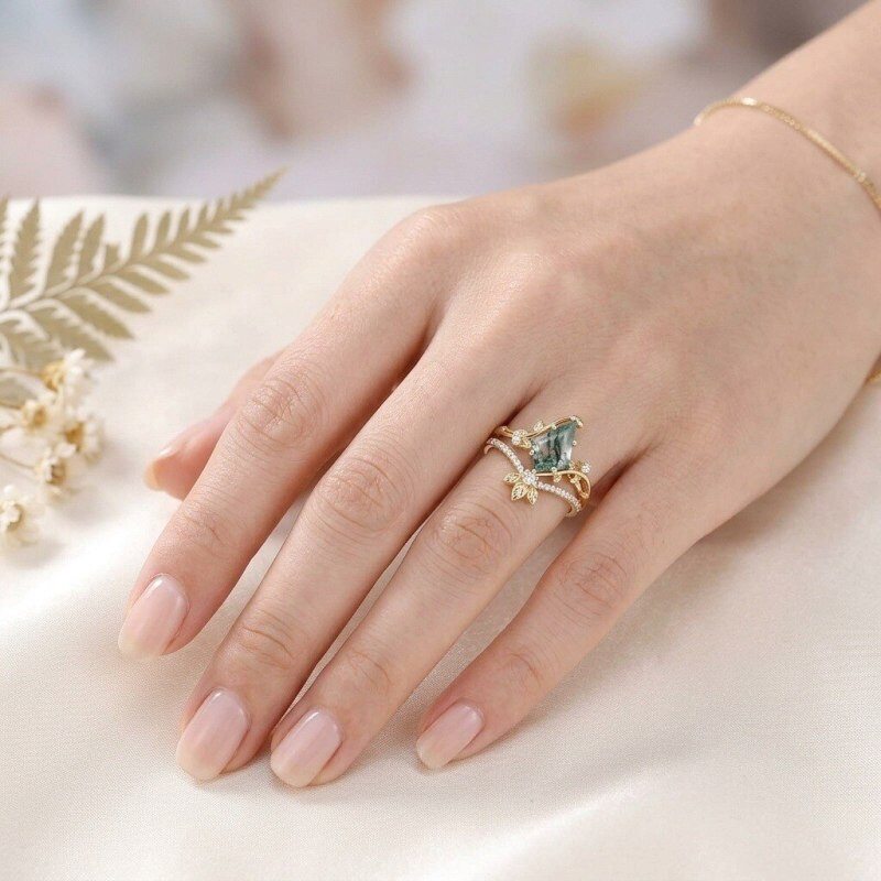 10K Gold Kite Cut Moss Agate Custom Engagement Ring for Women-3