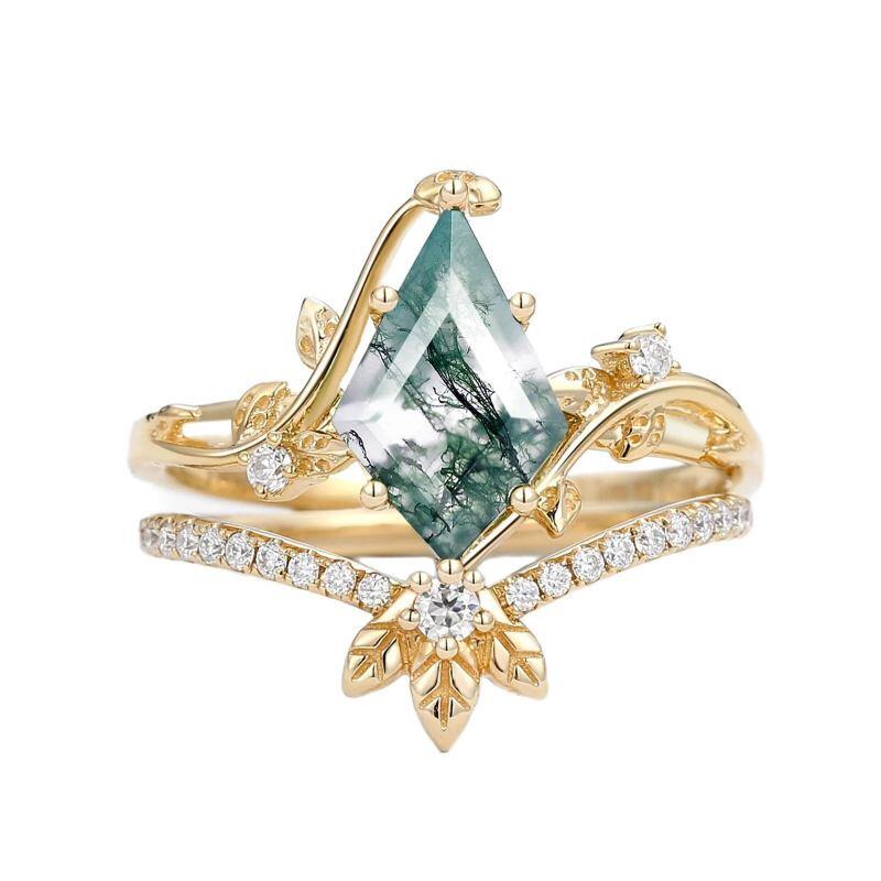10K Gold Kite Cut Moss Agate Custom Engagement Ring for Women-11
