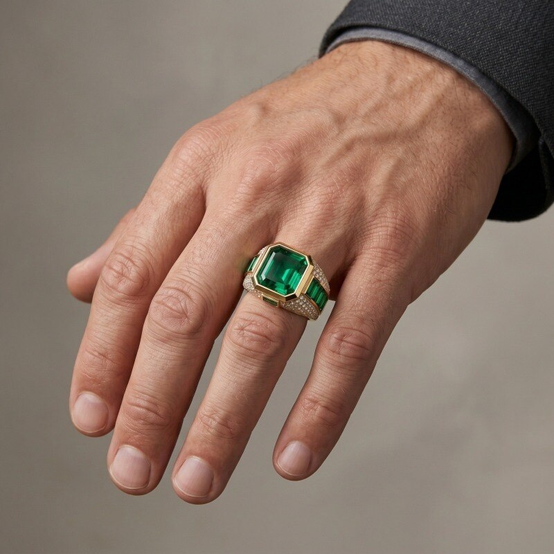 14K Gold Lab Created Emerald Custom Statement Ring for Men-2