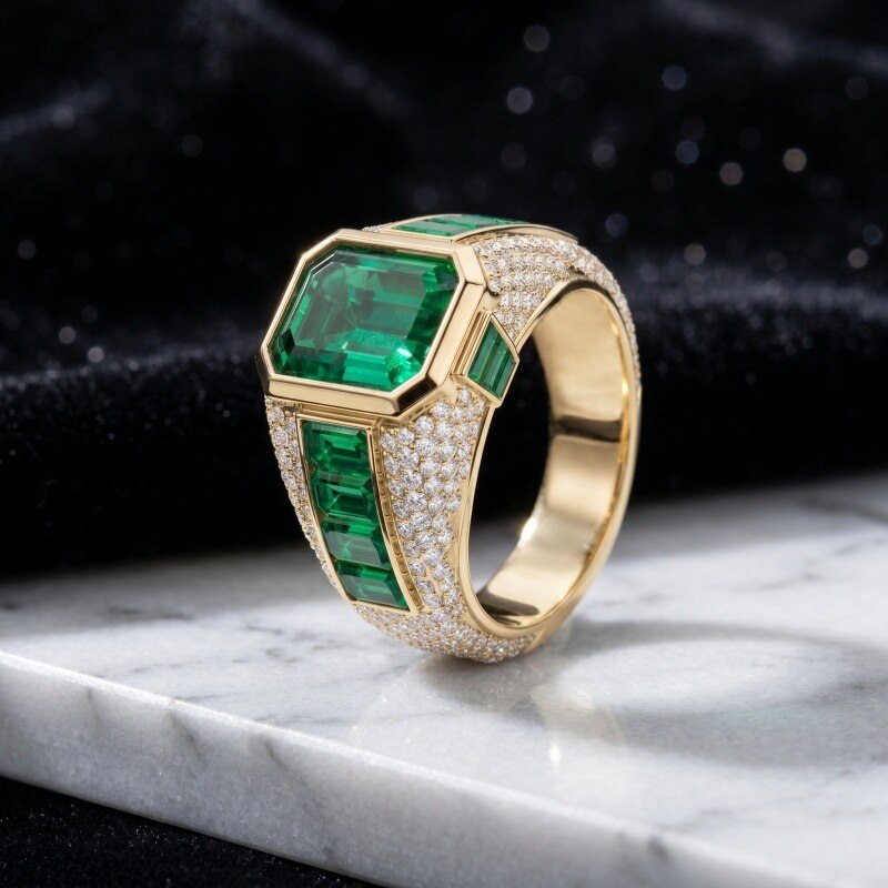 14K Gold Lab Created Emerald Custom Statement Ring for Men-3