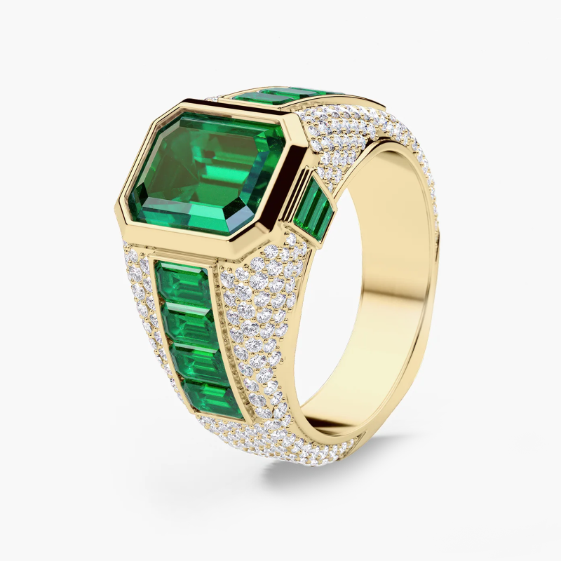 Anillo de declaración personalizado de oro de 14 quilates con esmeralda creada en laboratorio para hombres-9