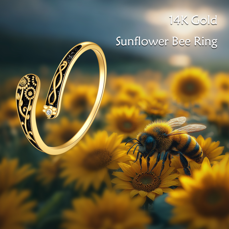 18K Gold Lab-Grown Diamond Bee & Sunflower Custom Open Ring for Women-6