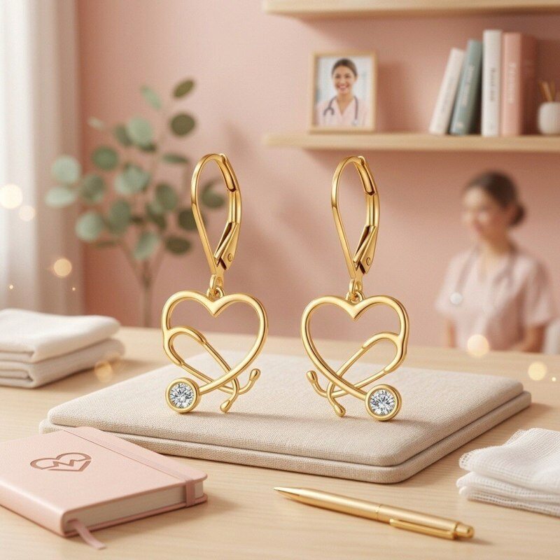 14K Gold Lab-Grown Diamond Heart & Stethoscope Lever-back Earrings for Women-4
