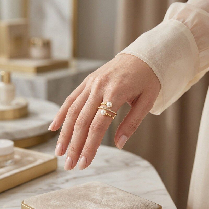 14K Gold Lab-Grown Diamond & Pearl Custom Gold Rings for Women-2