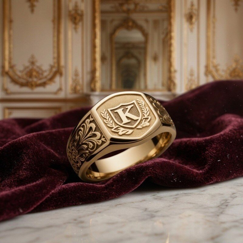 Bague sigillée en or 18K avec couronne de laurier et initiale K pour homme-3