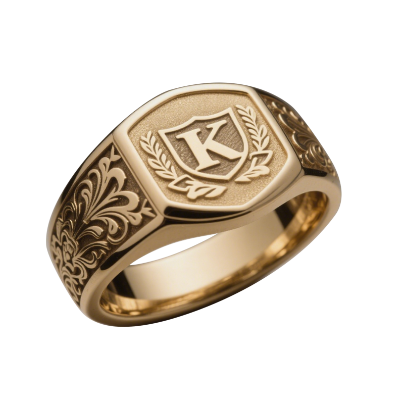 Bague sigillée en or 18K avec couronne de laurier et initiale K pour homme-1